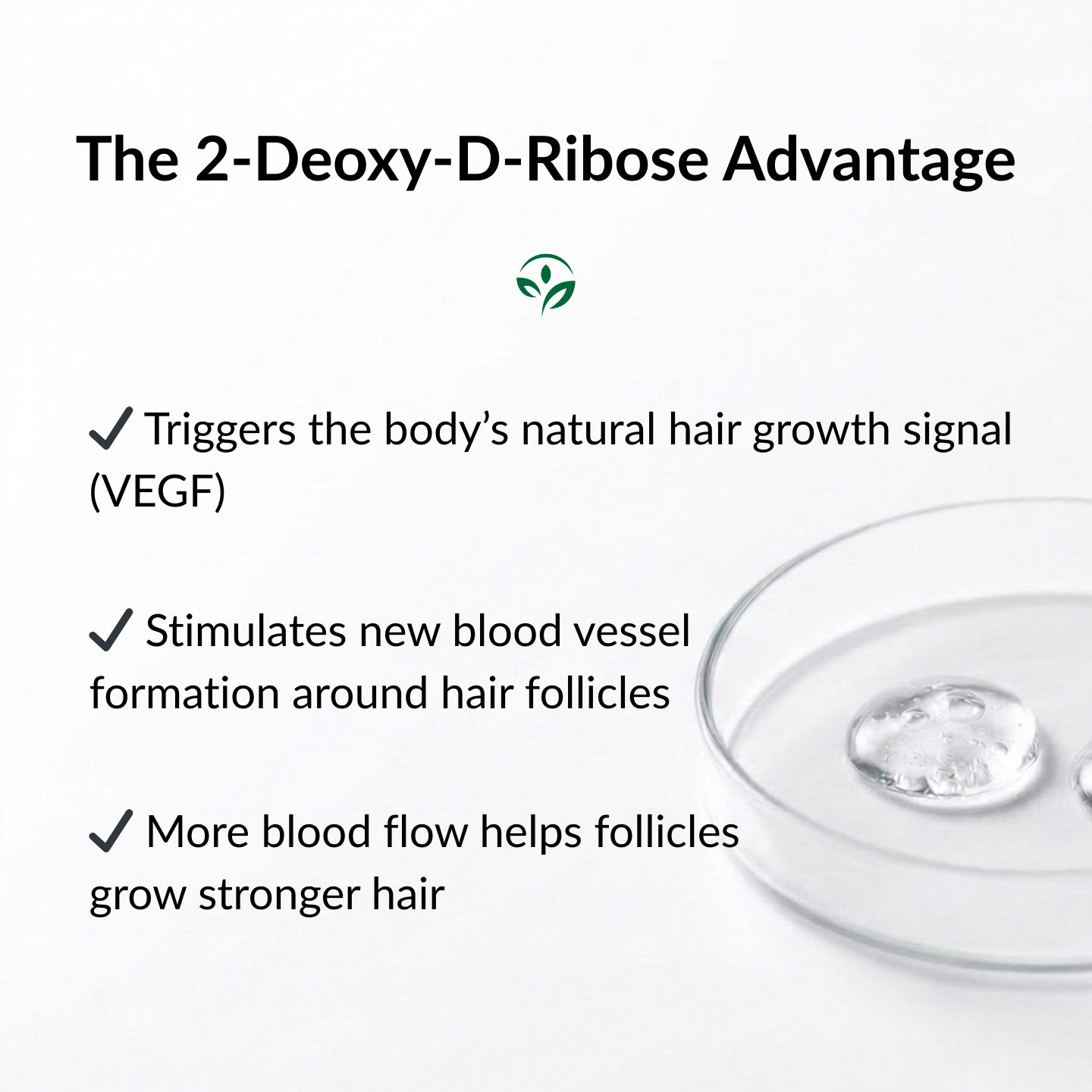 Text detailing the benefits of 2-Deoxy-D-Ribose with a close-up of a hair follicle.