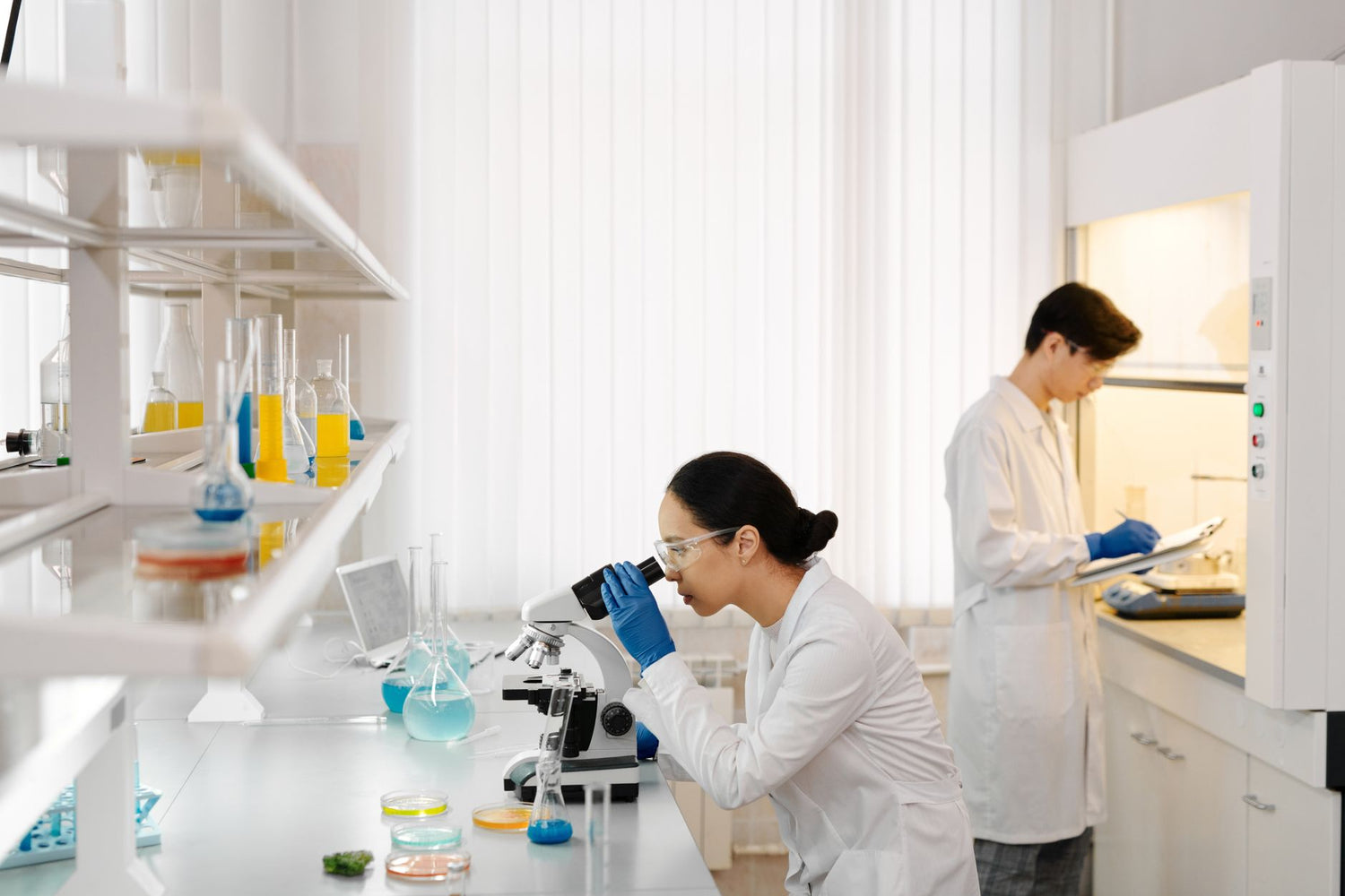 Two scientists working in a well-equipped laboratory with microscopes and test tubes