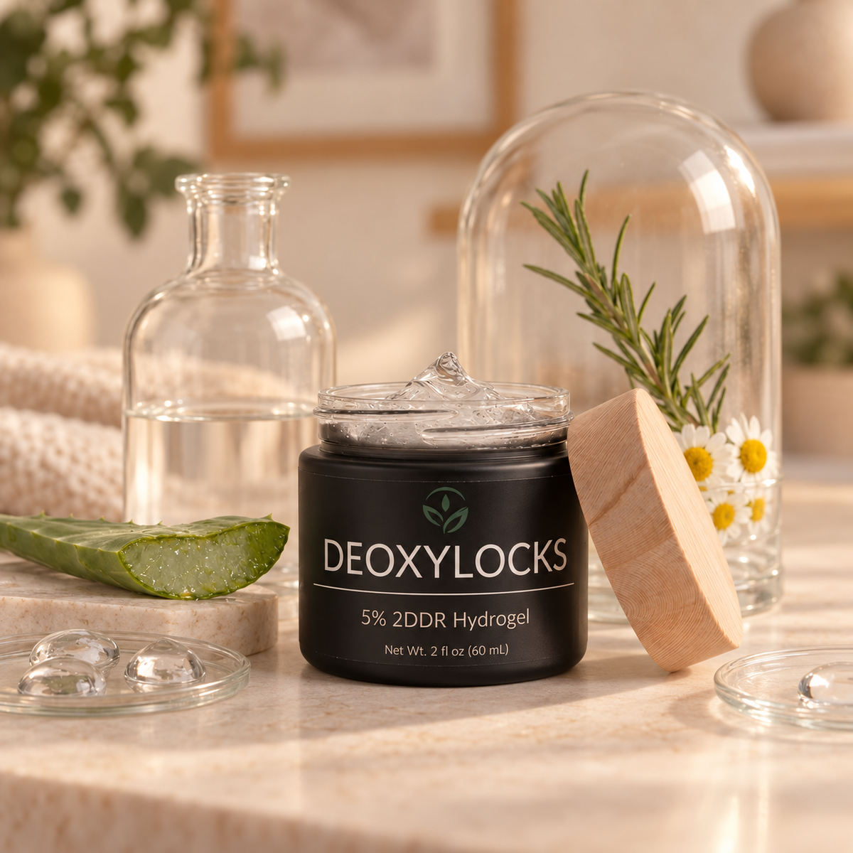 A jar of DEOXYLOCKS 5% 2DDR Hydrogel cream sits on a marble countertop, styled with skincare props including an aloe vera slice, a glass bottle, a wooden cloche with rosemary and daisies, and clear glass lids.