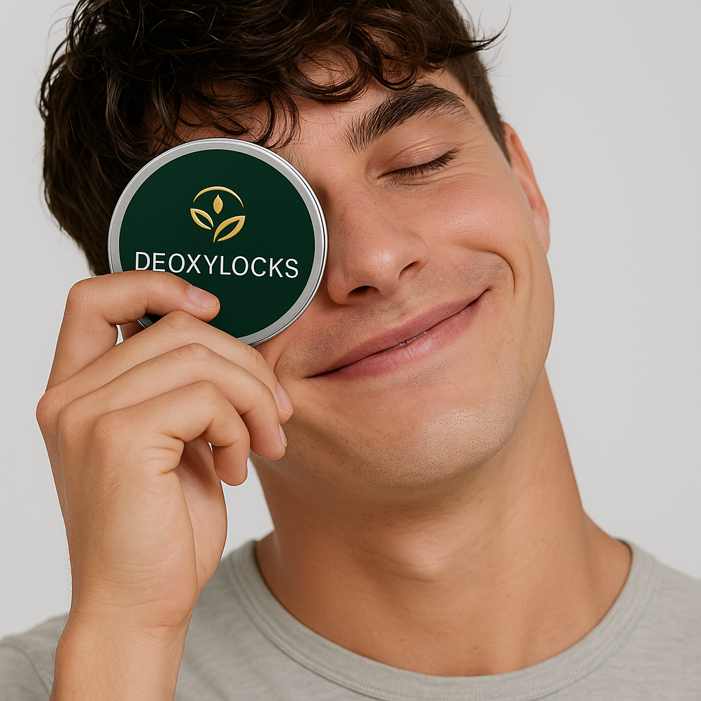 Man holding deoxylocks hair loss hydrogel
