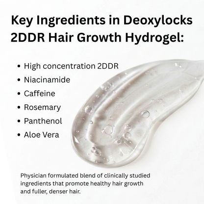 List of key ingredients in Deoxylocks 2DDR Hair Growth Hydrogel with a close-up of the gel.
