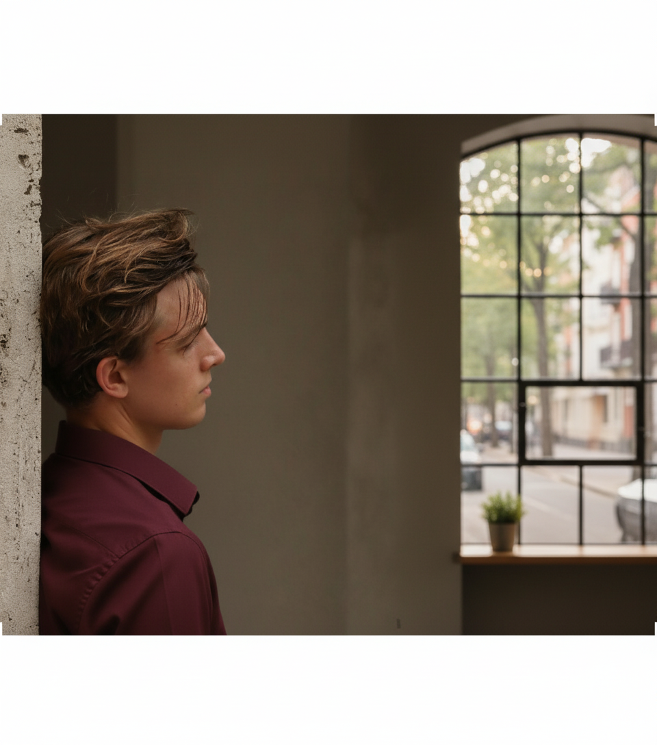 Man with thinning hair leaning against a wall near a window, representing the hair regrowth journey with Deoxylocks 5% 2DDR Hydrogel – a natural hair loss treatment that restores confidence and promotes healthy scalp renewal