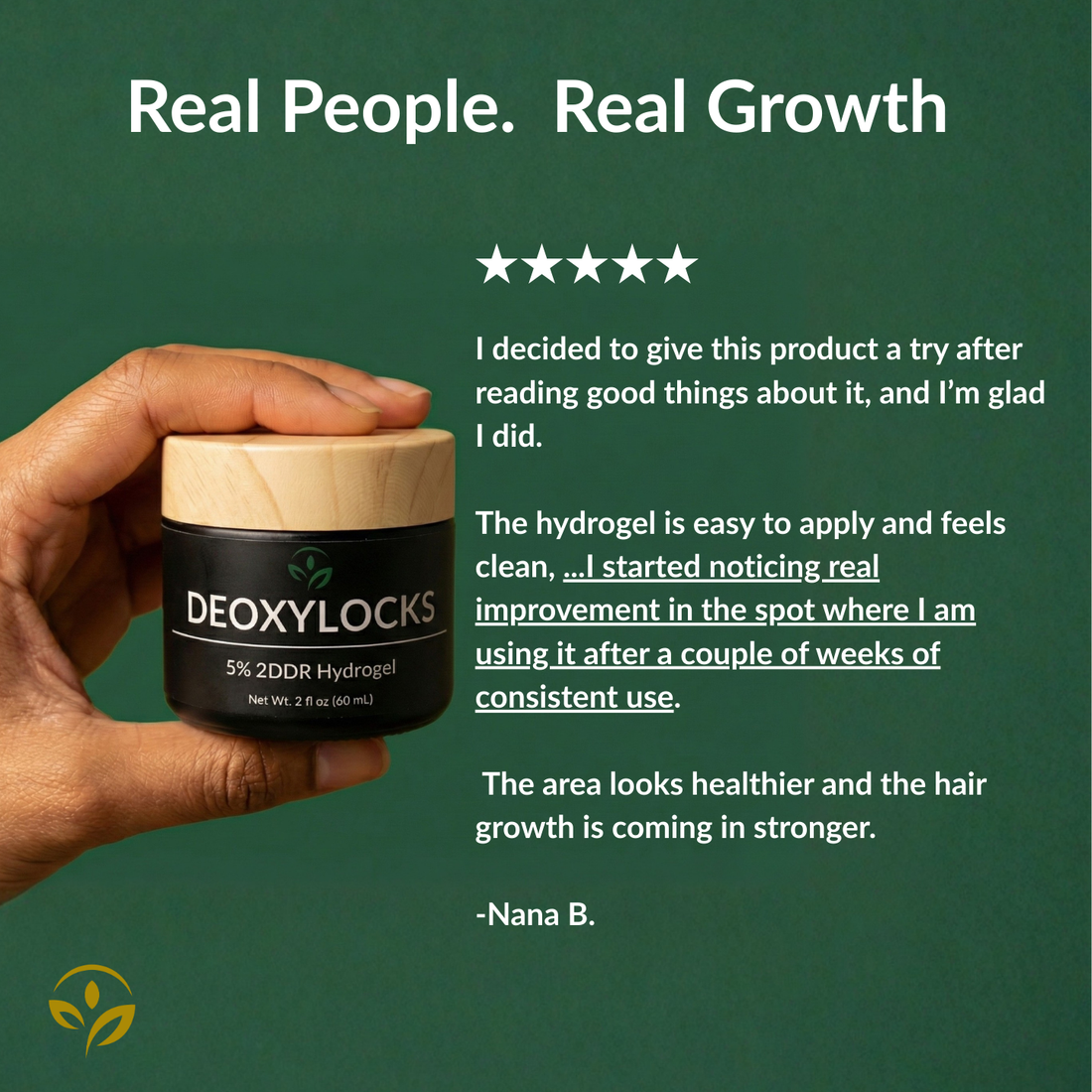 Hands holding a jar of Deoxylocks 5% 2DDR Hydrogel – a premium natural hair loss solution with 2-deoxy-D-ribose for scalp rejuvenation and regrowth showing real people and real hair growth