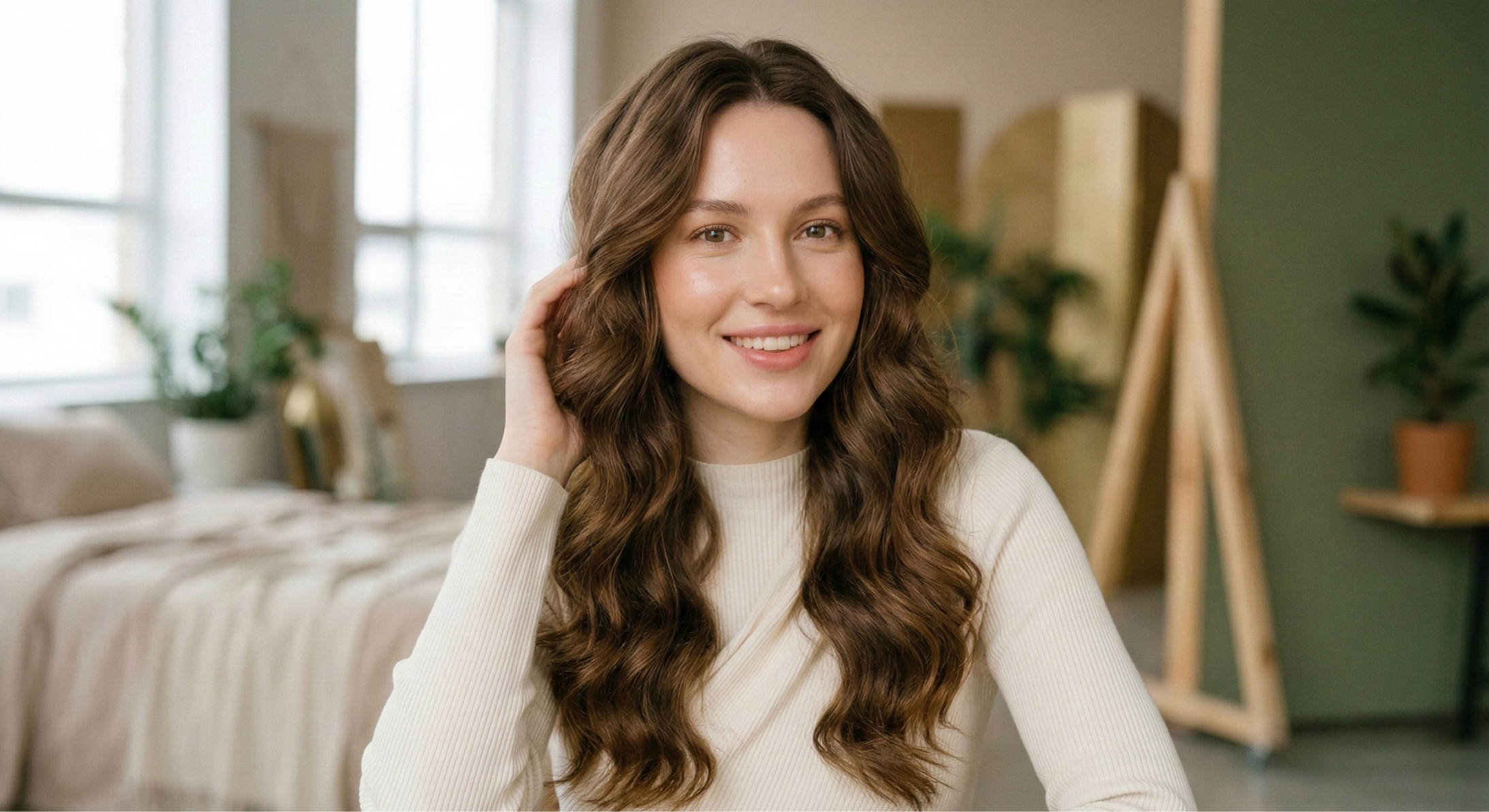 Woman with long brown hair sitting in a cozy room with plants and a bed showcasing deoxylocks 2ddr hair growth