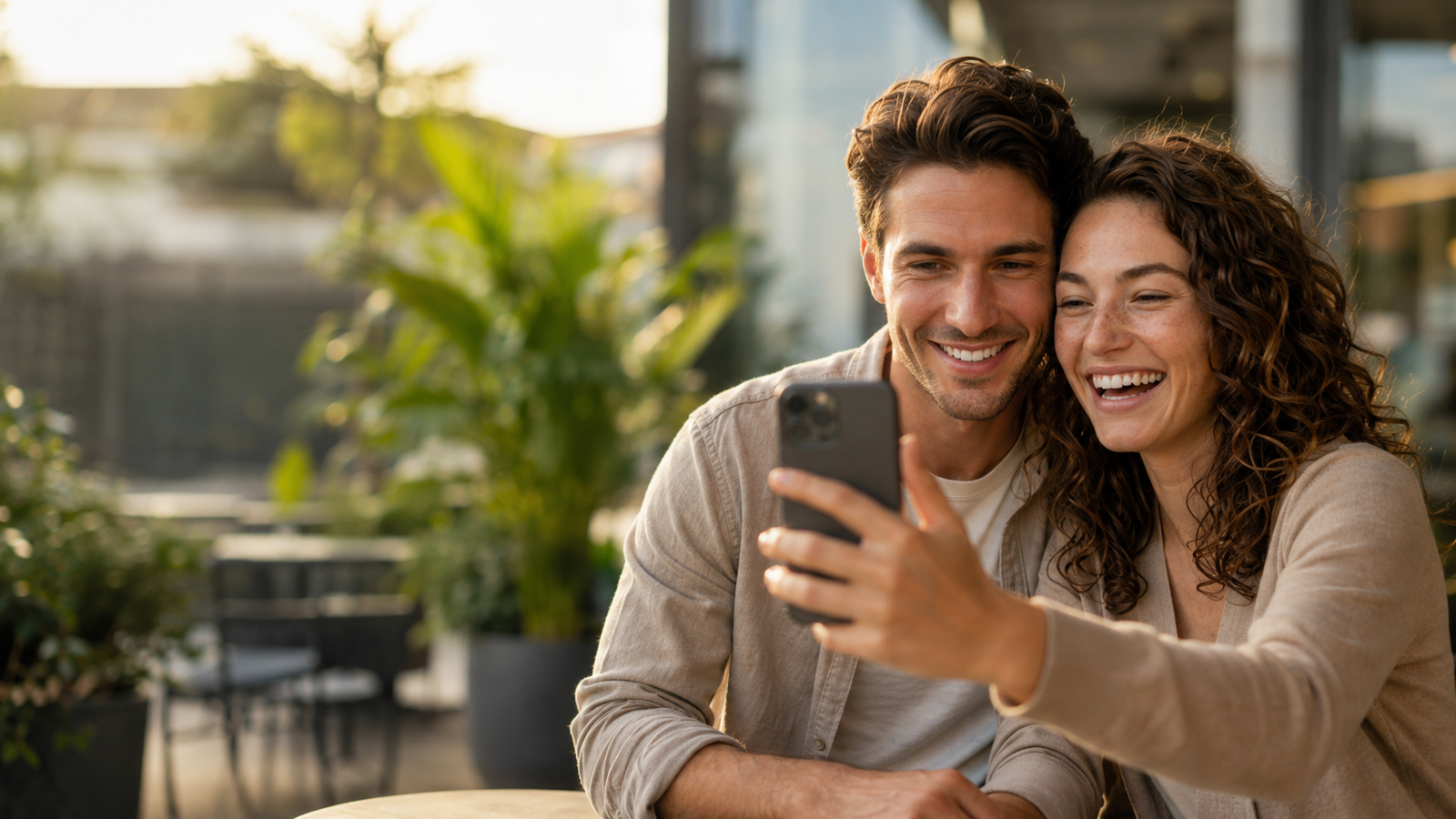 A happy couple smiling together while taking a selfie, representing the confidence that comes from thicker, fuller-looking hair with Deoxylocks Multi-Active Hair Density Serum, a physician formulated solution designed for men and women with thinning hair.
