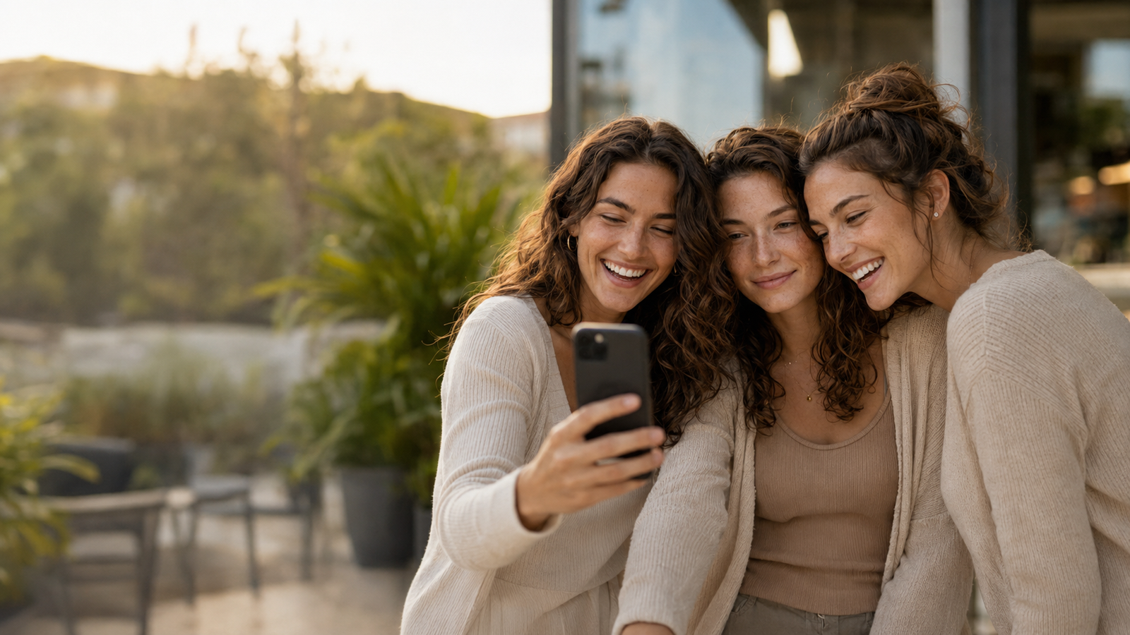 Three women smiling together while taking a selfie, representing the confidence that comes from thicker, fuller-looking hair with Deoxylocks Multi-Active Hair Density Serum, a physician formulated hair density serum designed for women seeking healthier-looking, denser hair.
